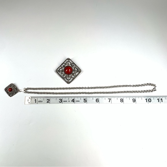 Vtg Sara Coventry Necklace Brooch Inca Fire Deamond 22” Chain 1970’s Pendant Pin - Picture 7 of 8
